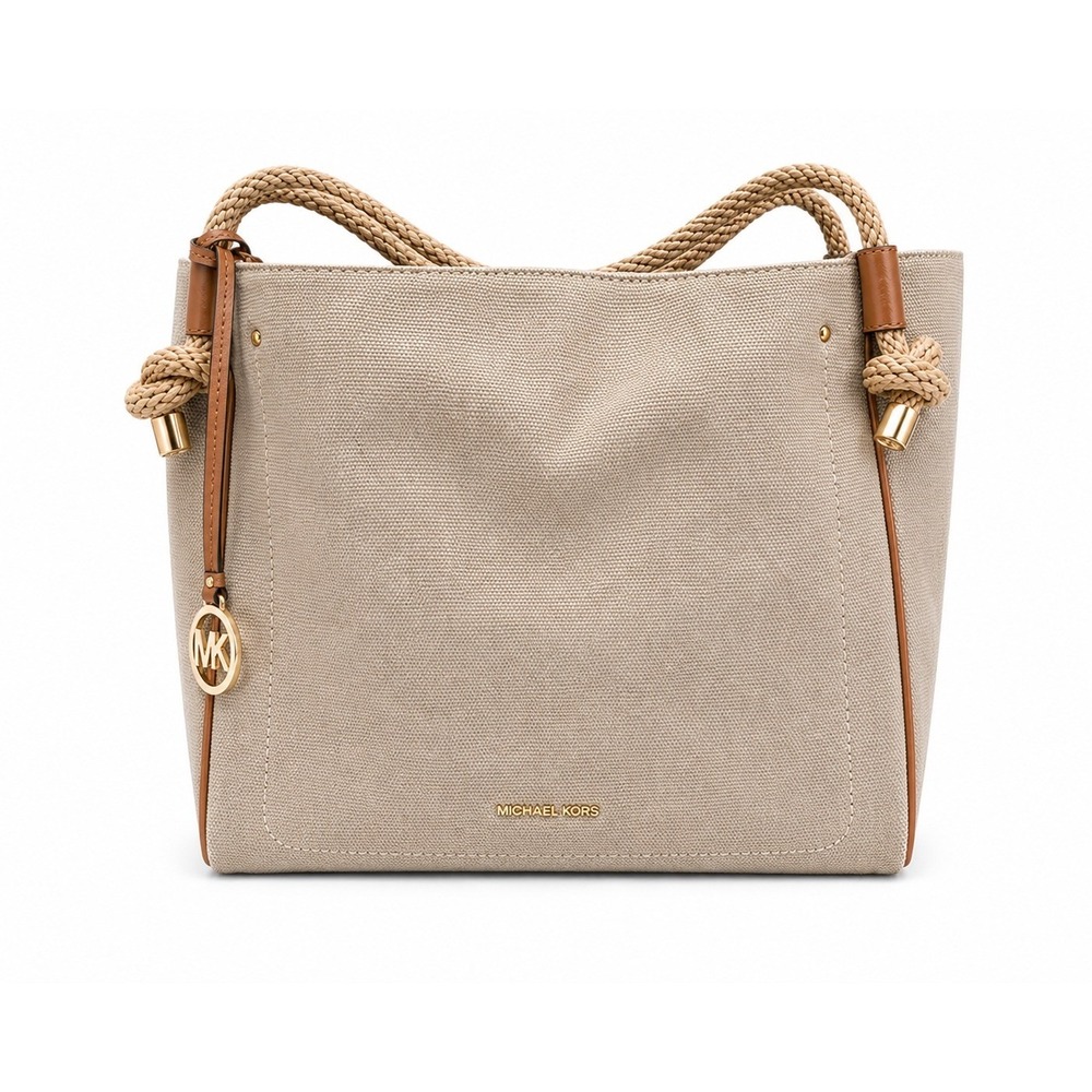 Michael Kors Beige Gold Canvas Tote Bag Set with Matching Cosmetic Pouch